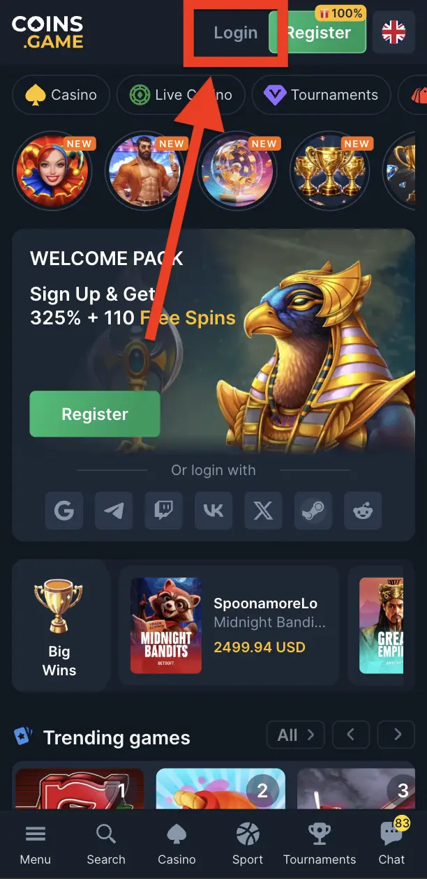 Coins Game official site login button