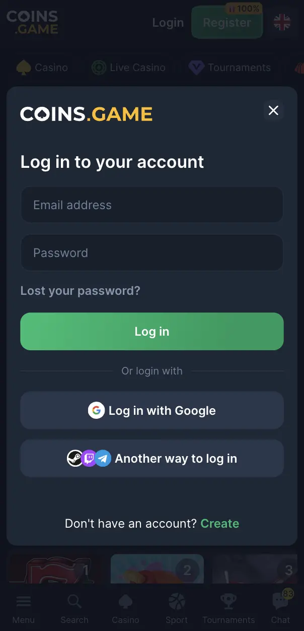 Coins Game login screen