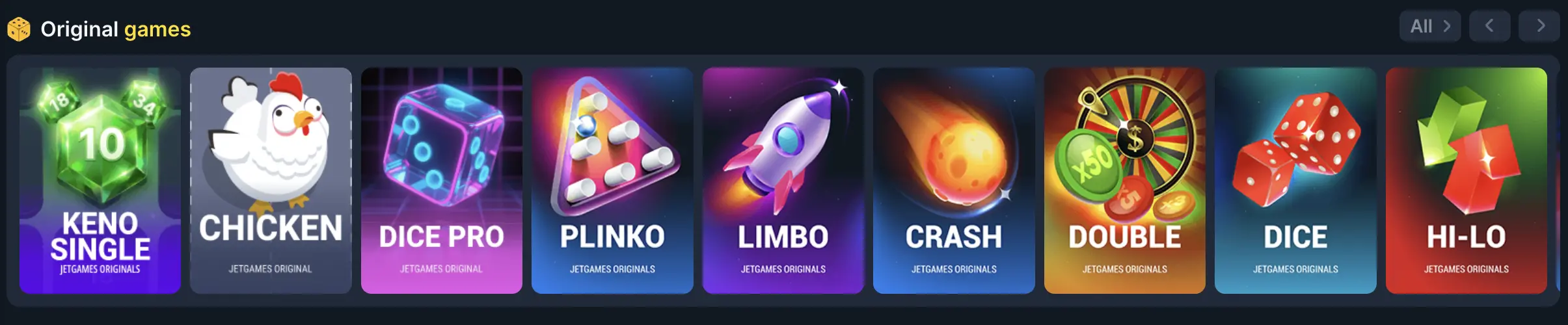 Coins Game original games: Keno, Chicken, Dice Pro, Plinko, Limbo, Crash, Double, Dice, Hi-Lo