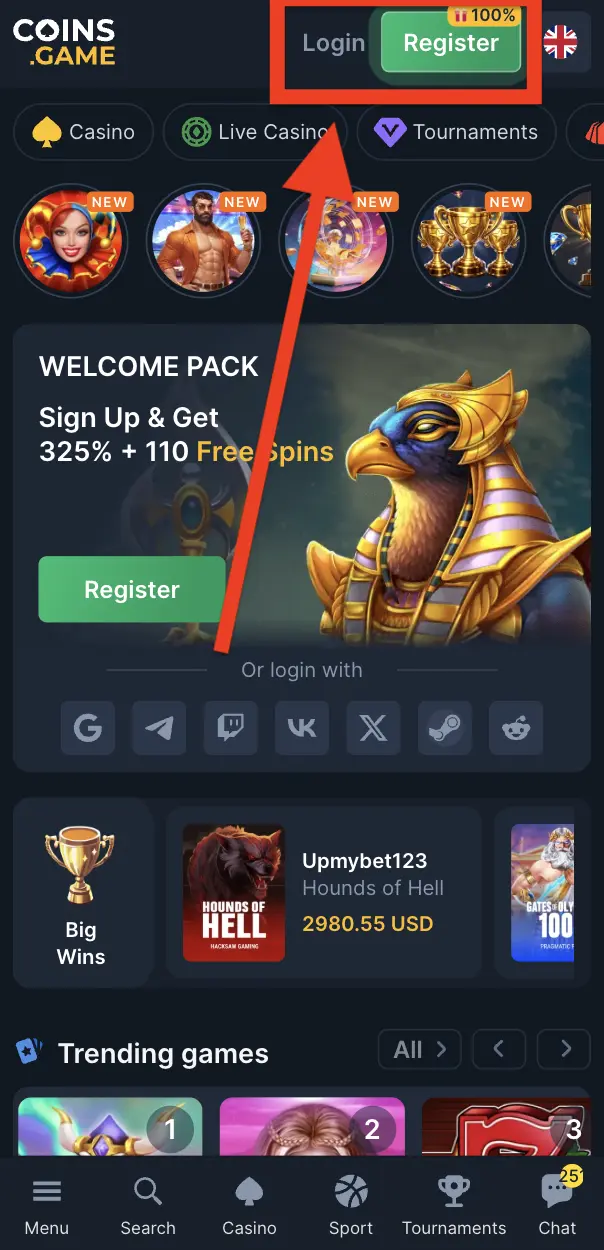 Coins Game Register button in the top-right corner