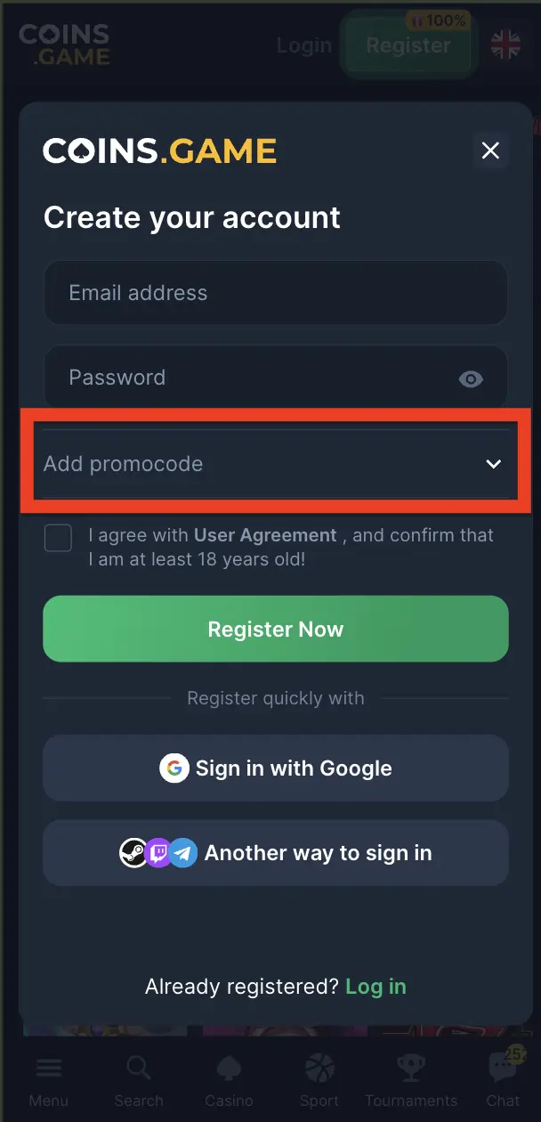 Coins Game Add promocode field with MAXBONUS entered