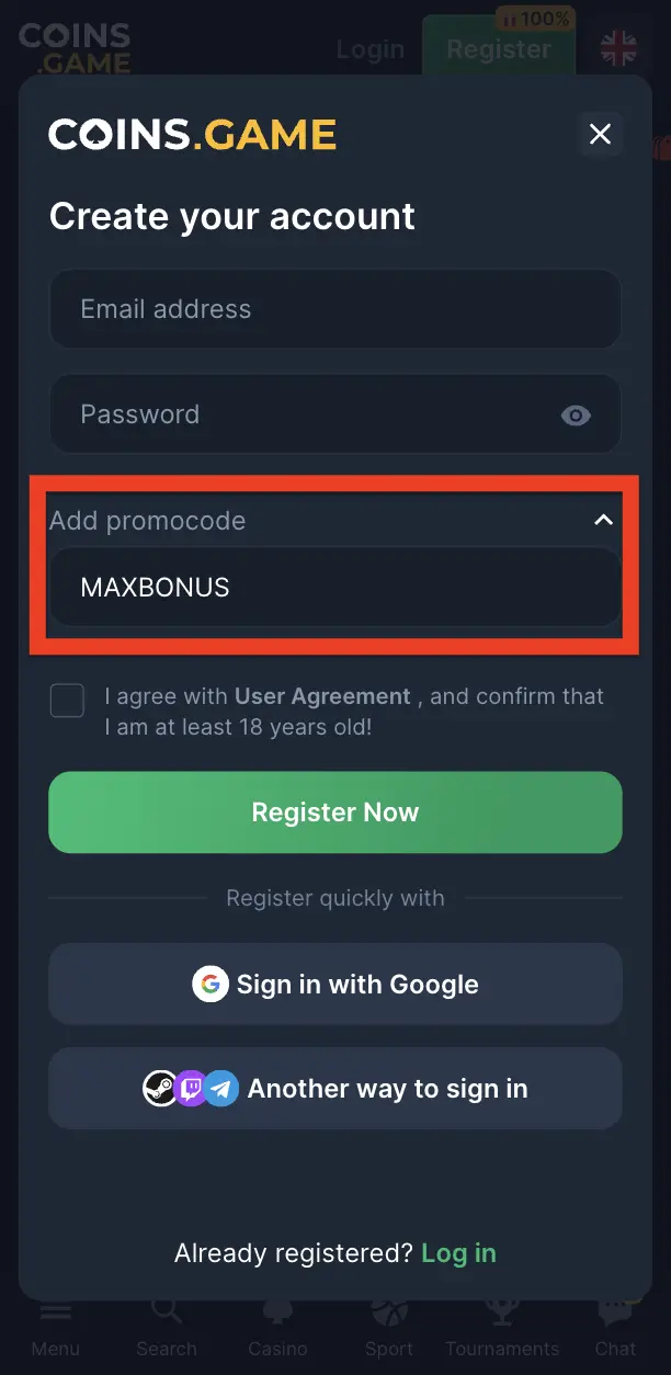 Coins Game registration form with promo code and User Agreement