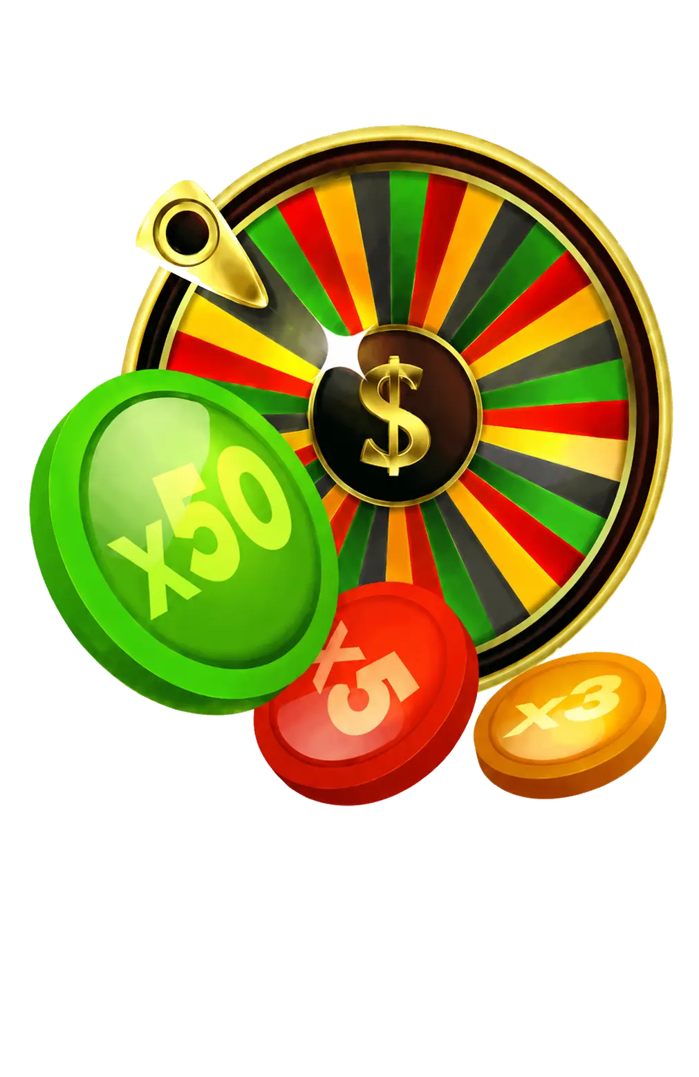 Coins Game slots bonus wheel with x50, x5 and x3 multipliers